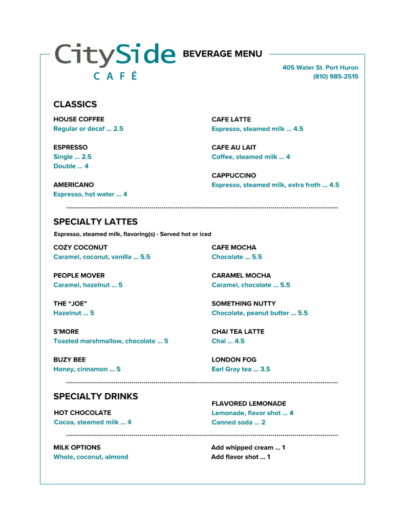 CitySide Beverage Menu