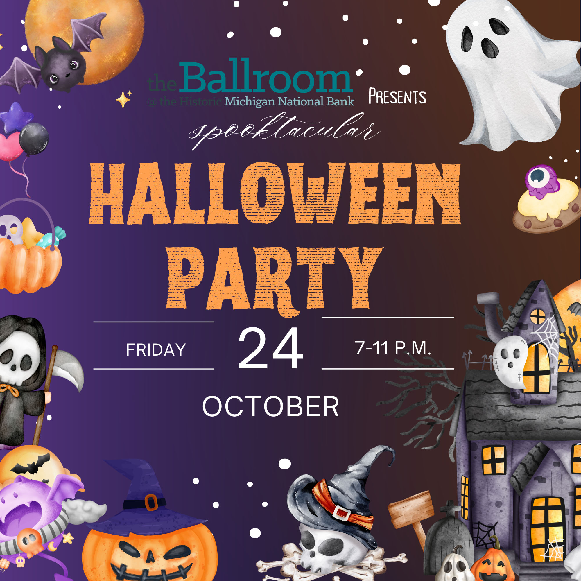 Orange Black Purple Illustration Halloween Party Invitation (8.5 x 8.5 in)